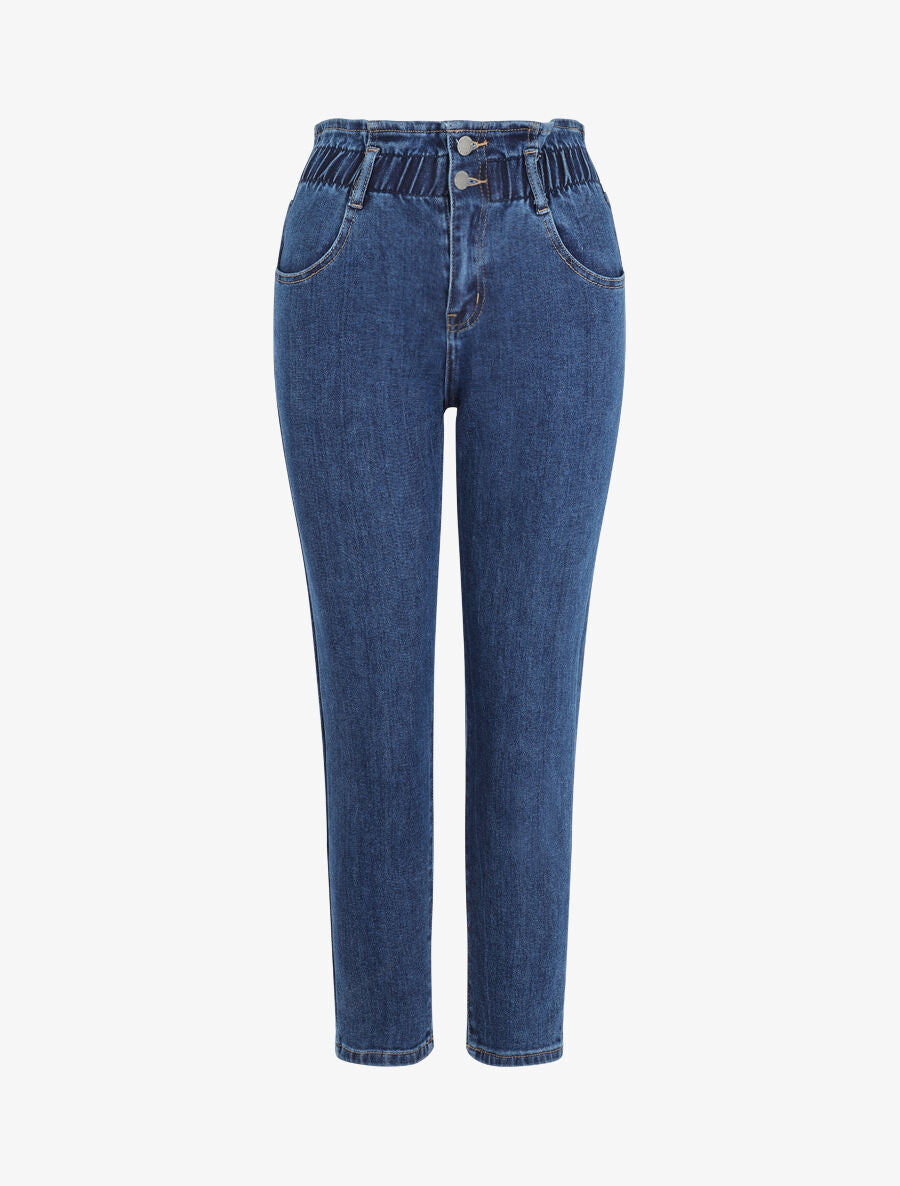 Jean mom à taille haute élastiquée - Bleu denim - 1
