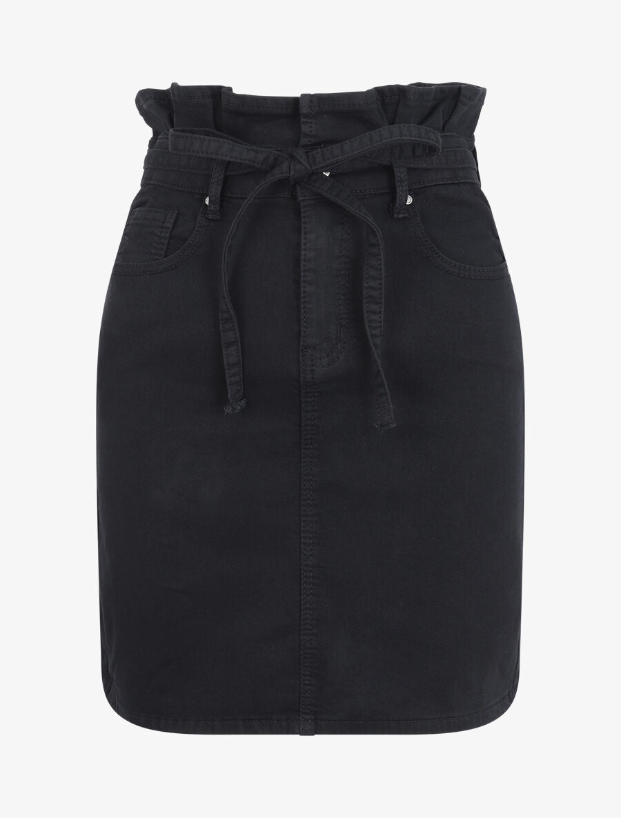 Jupe en jean à taille haute volantée - Noir - 4