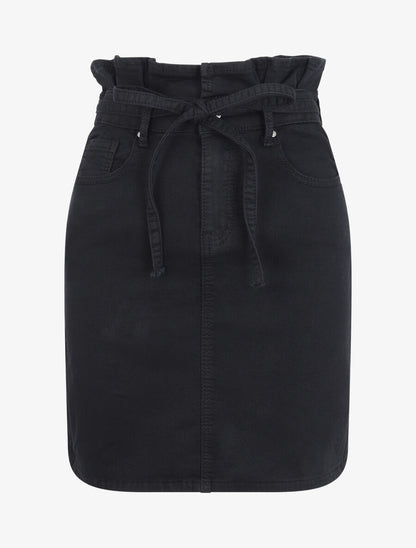 Jupe en jean à taille haute volantée - Noir - 4