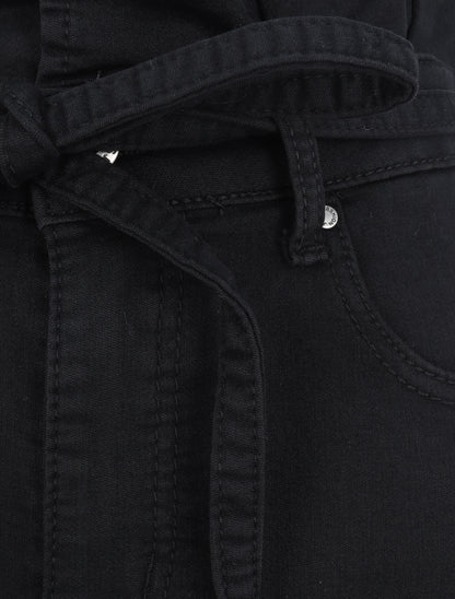 Jupe en jean à taille haute volantée - Noir - 3