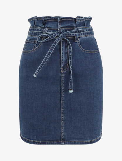 Jupe en jean à taille haute volantée - Bleu denim - 1