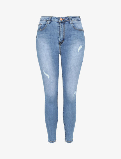 Jean push up skinny délavé et éraflé - Bleu denim - 1