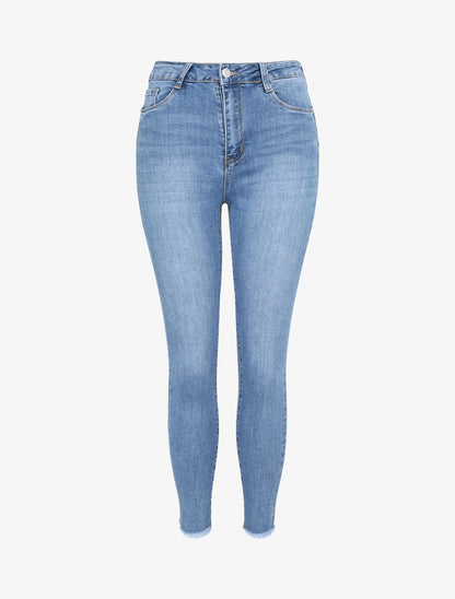 Jean push up skinny à bords effilochés - Bleu denim - 1