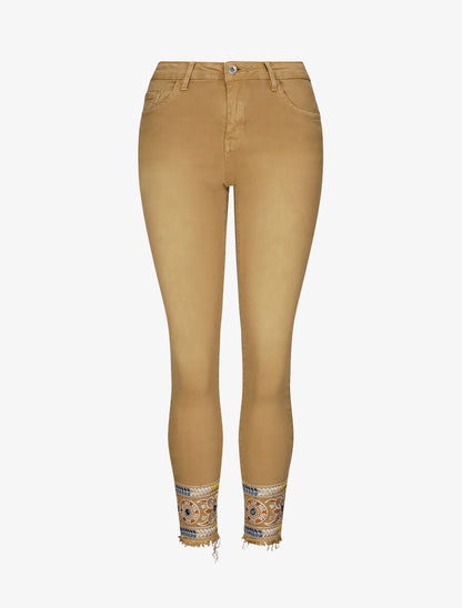Jean 7/8 à bords coupe franche et ornés de broderies - Camel - 4