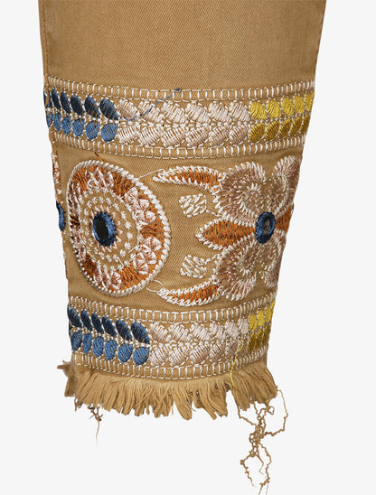 Jean 7/8 à bords coupe franche et ornés de broderies - Camel - 3