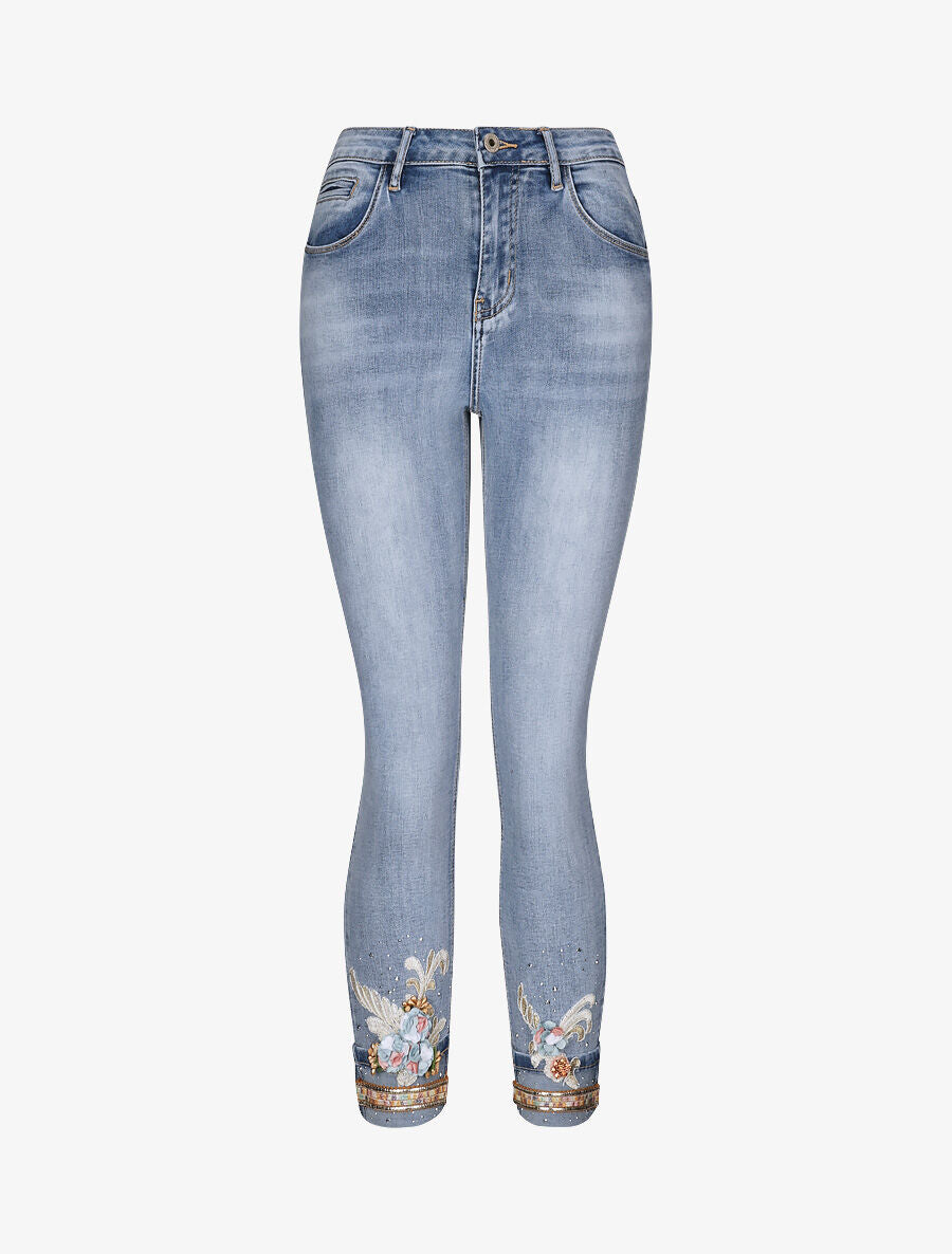 Pantacourt slim à revers orné de broderies et de sequins - Bleu clair - 4
