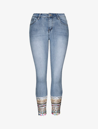 Jean slim taille haute broderies et perles - Bleu - 1