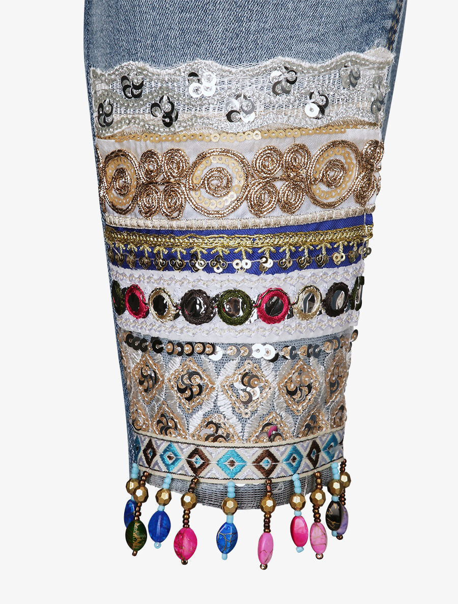 Jean slim taille haute broderies et perles - Bleu - 3