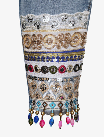 Jean slim taille haute broderies et perles - Bleu - 3