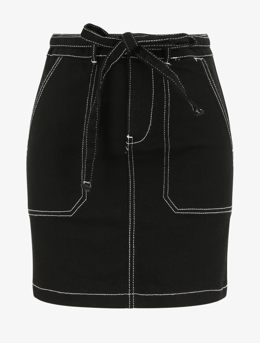 Jupe droite à surpiqûres apparentes - Noir - 1