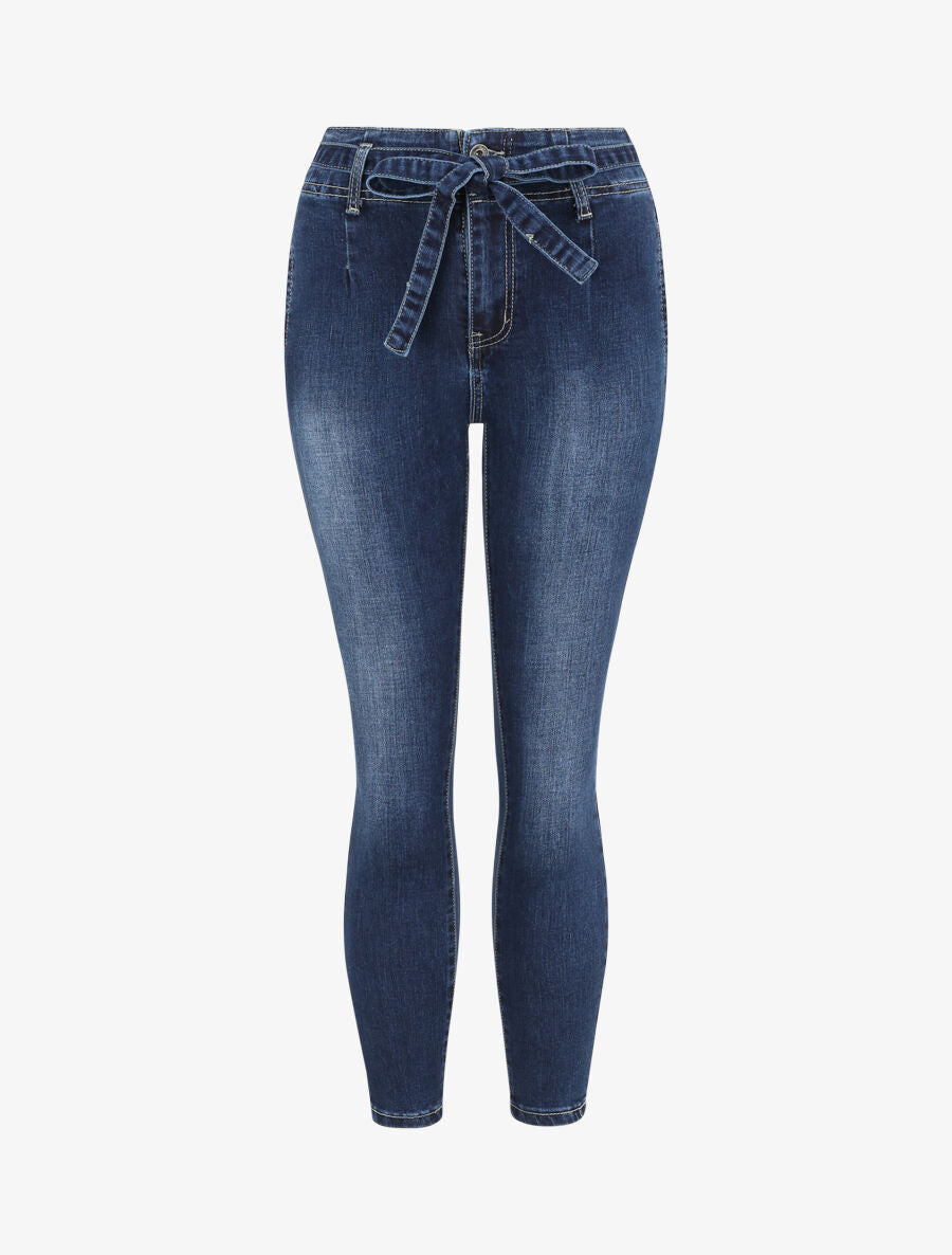 Jean slim 7/8 délavé à taille haute pincée - Bleu foncé - 4