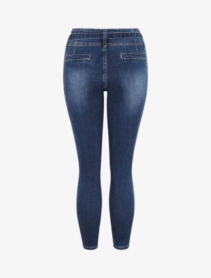 Jean slim 7/8 délavé à taille haute pincée - Bleu foncé - 2