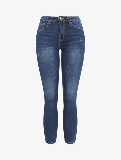 Jean skinny taille haute délavé et griffé - Bleu foncé - 1
