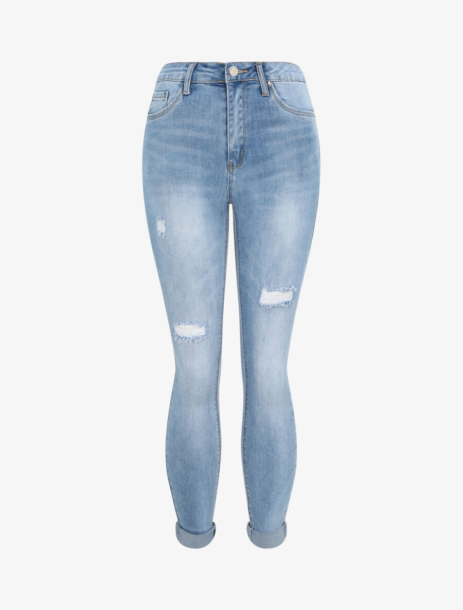 Jean skinny à taille haute délavé et déchiré - Bleu clair - 4