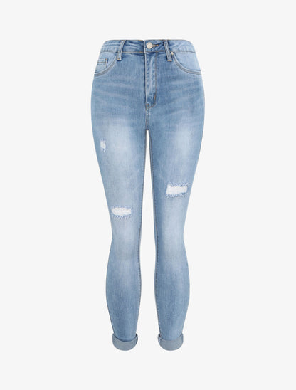 Jean skinny à taille haute délavé et déchiré - Bleu clair - 4