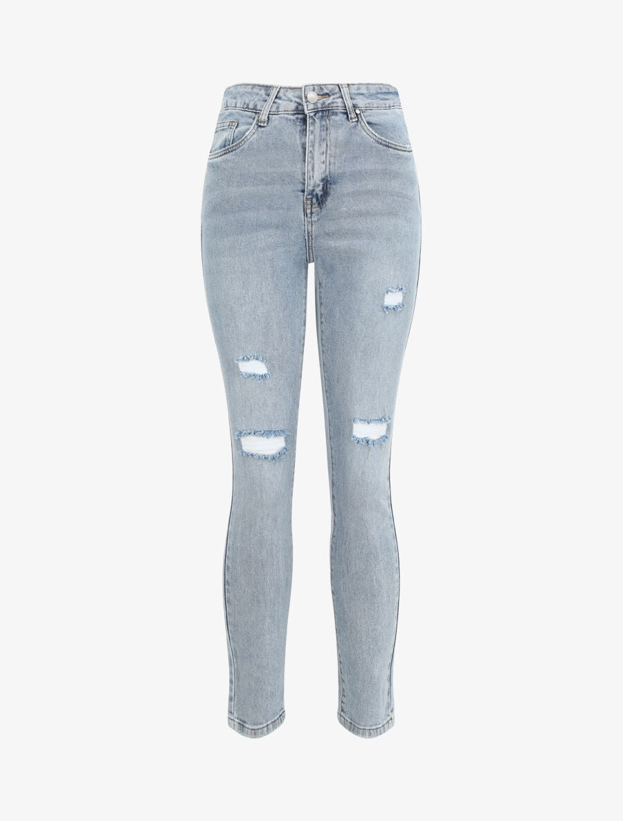 Jean skinny taille haute délavé et déchiré - Bleu clair - 1
