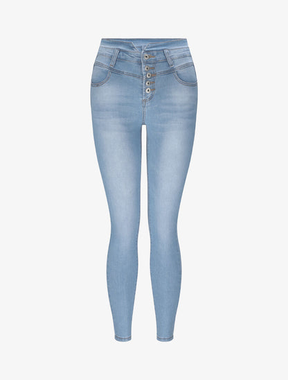 Jean slim taille haute boutonnée - Bleu - 1