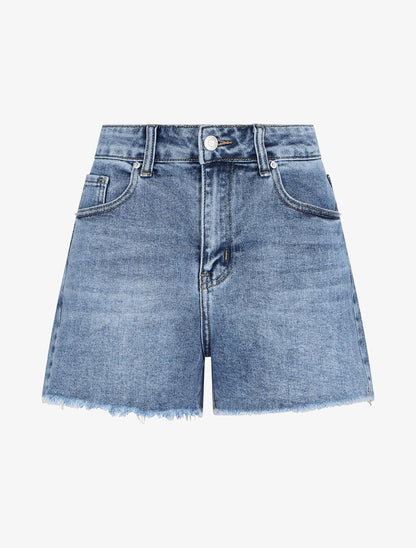 Short en jean à bords coupe franche - Bleu - 1