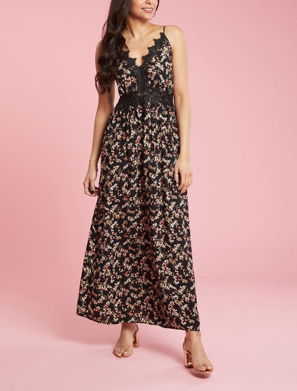 Robe fleurie à détails crochet - noir - 3
