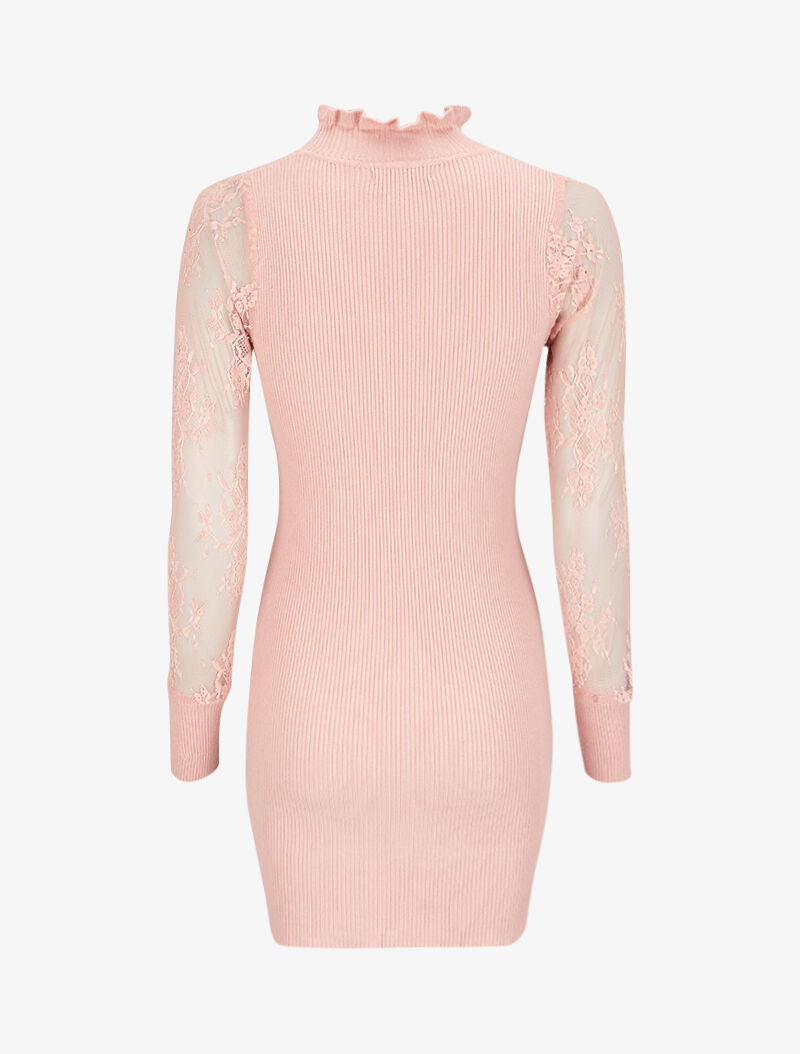 Robe pull côtelée à col volanté et manches en dentelle - Rose poudré - 2