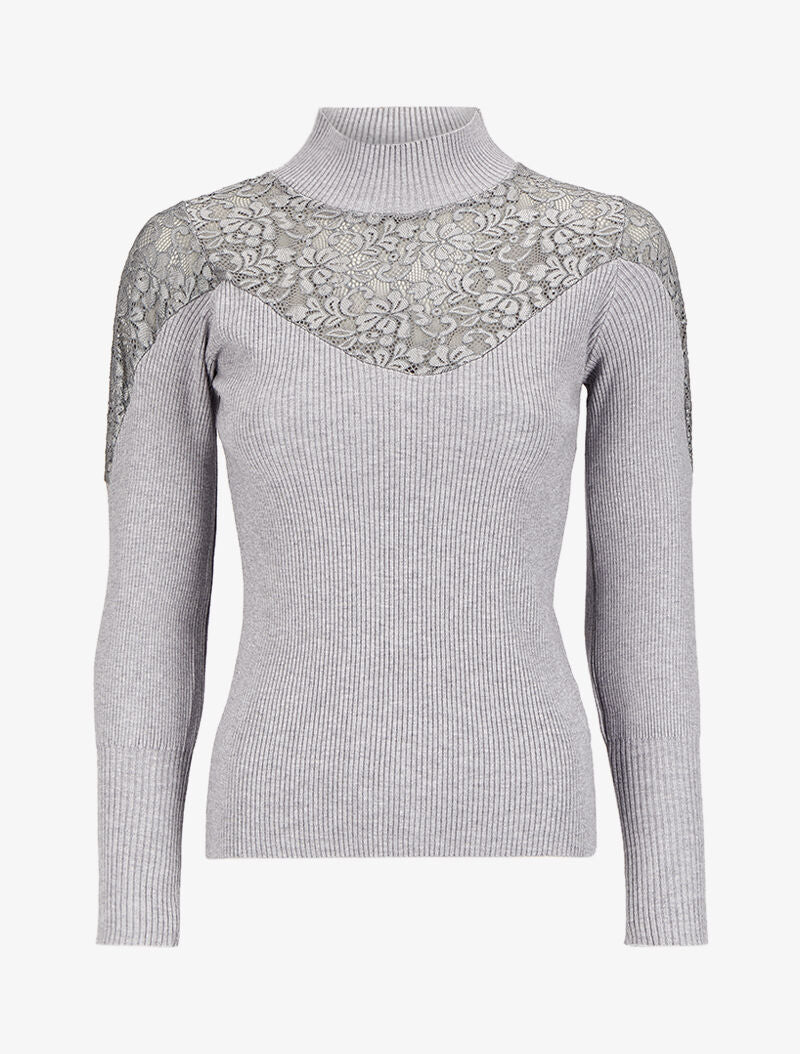 Pull côtelé à épaules en dentelle et col montant - Gris - 4