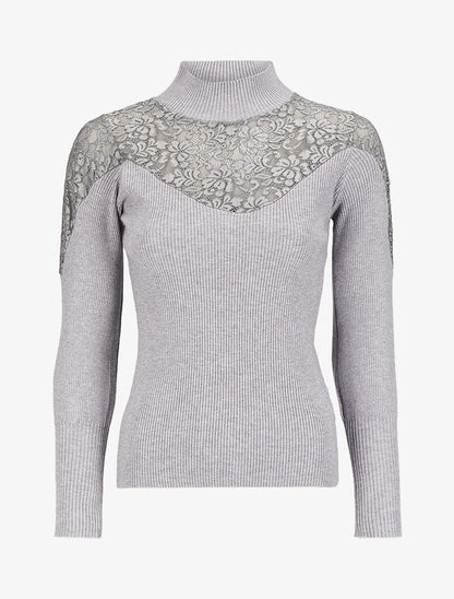 Pull côtelé à épaules en dentelle et col montant - Gris - 4
