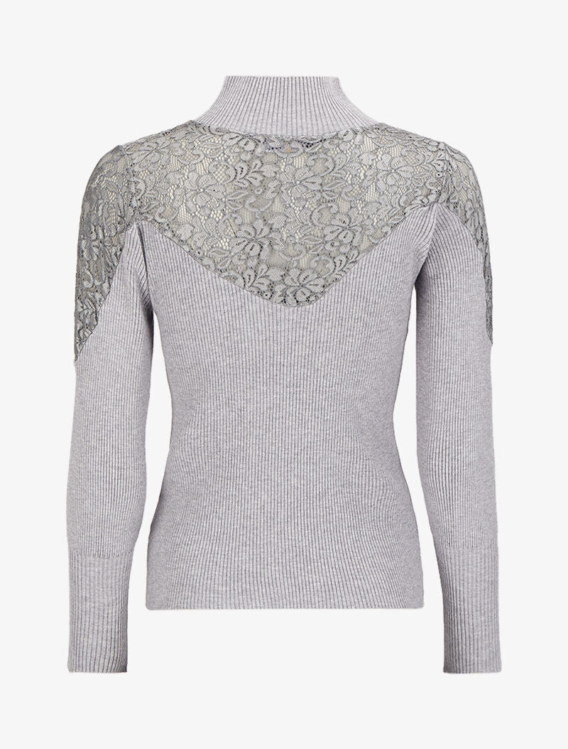 Pull côtelé à épaules en dentelle et col montant - Gris - 2