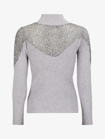 Pull côtelé à épaules en dentelle et col montant - Gris - 2