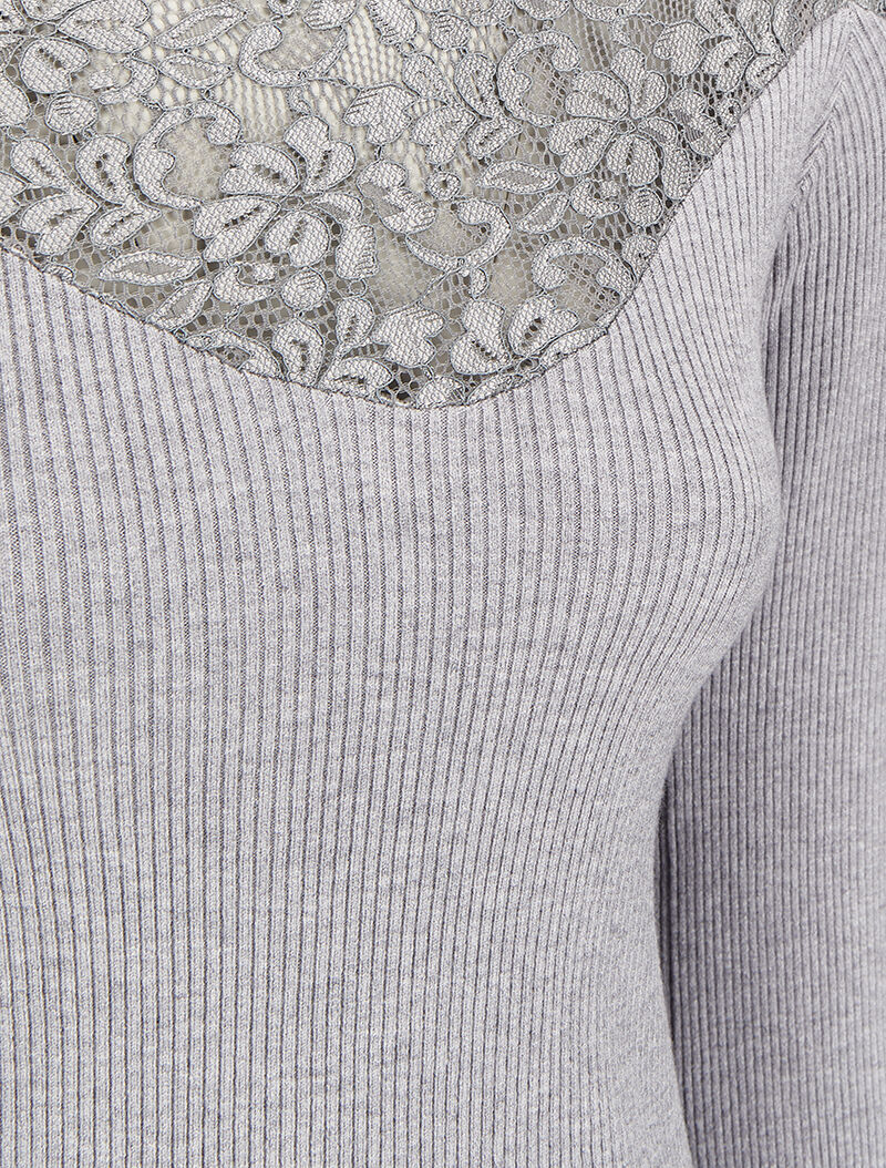 Pull côtelé à épaules en dentelle et col montant - Gris - 3