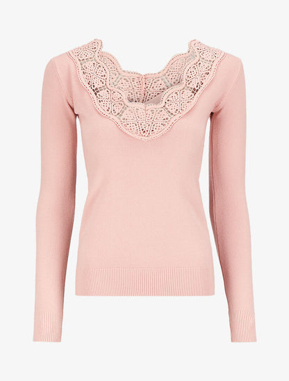 Pull à décolleté profond en U - Rose poudré - 1