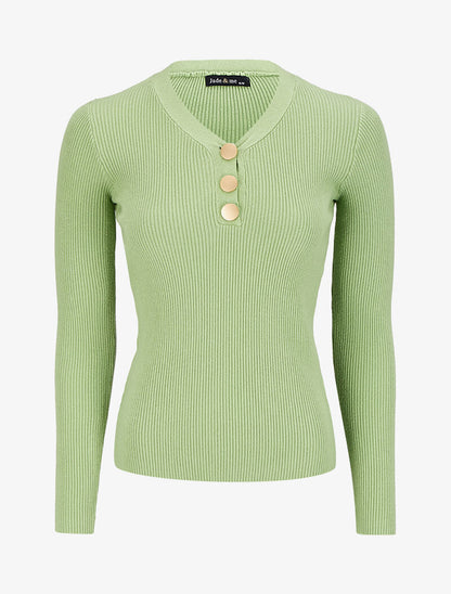 Pull côtelé à col V boutonné - Vert pomme - 1