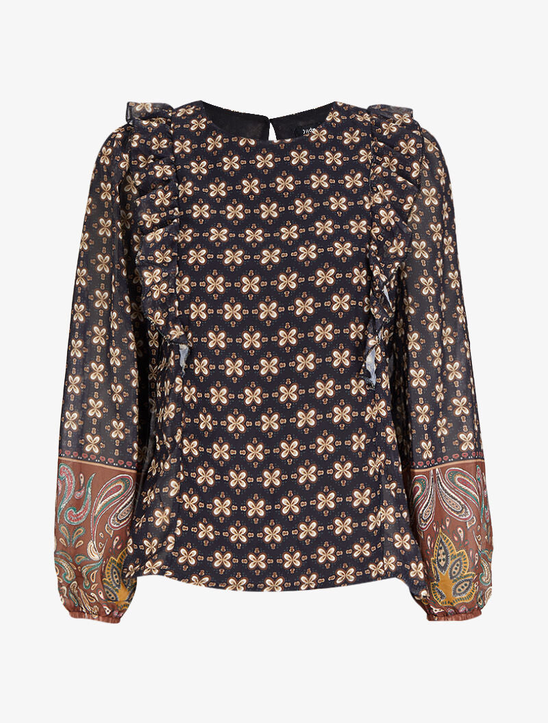 Top à double imprimé et épaules volantées - Noir - 1