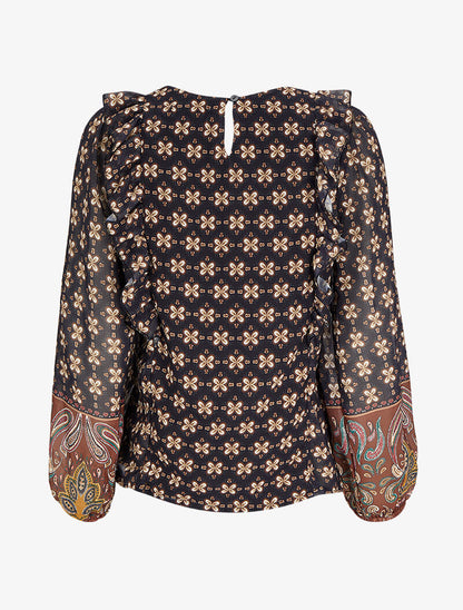 Top à double imprimé et épaules volantées - Noir - 2