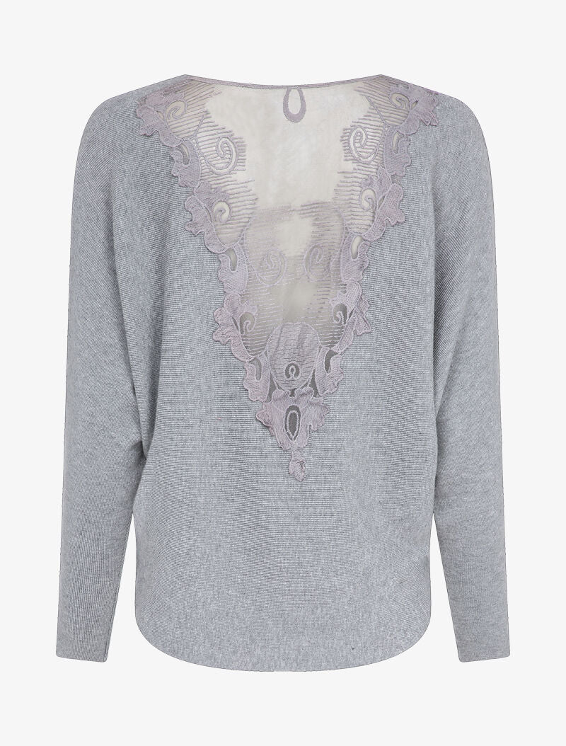 Pull chauve-souris avec dentelle au dos - Gris - 2