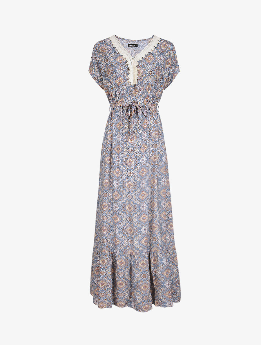 Robe longue imprimée baroque et détail brodé - Bleu - 1