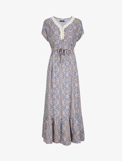 Robe longue imprimée baroque et détail brodé - Bleu - 1