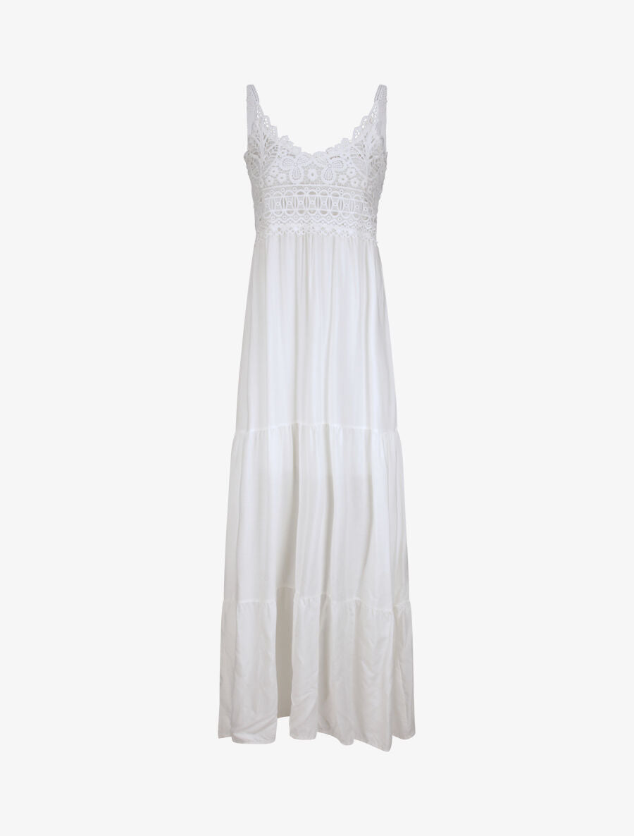 Robe longue empire à col V en dentelle - Blanc - 4