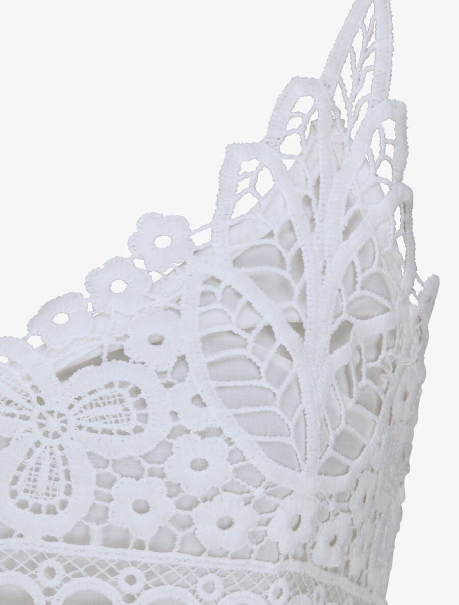 Robe longue empire à col V en dentelle - Blanc - 3
