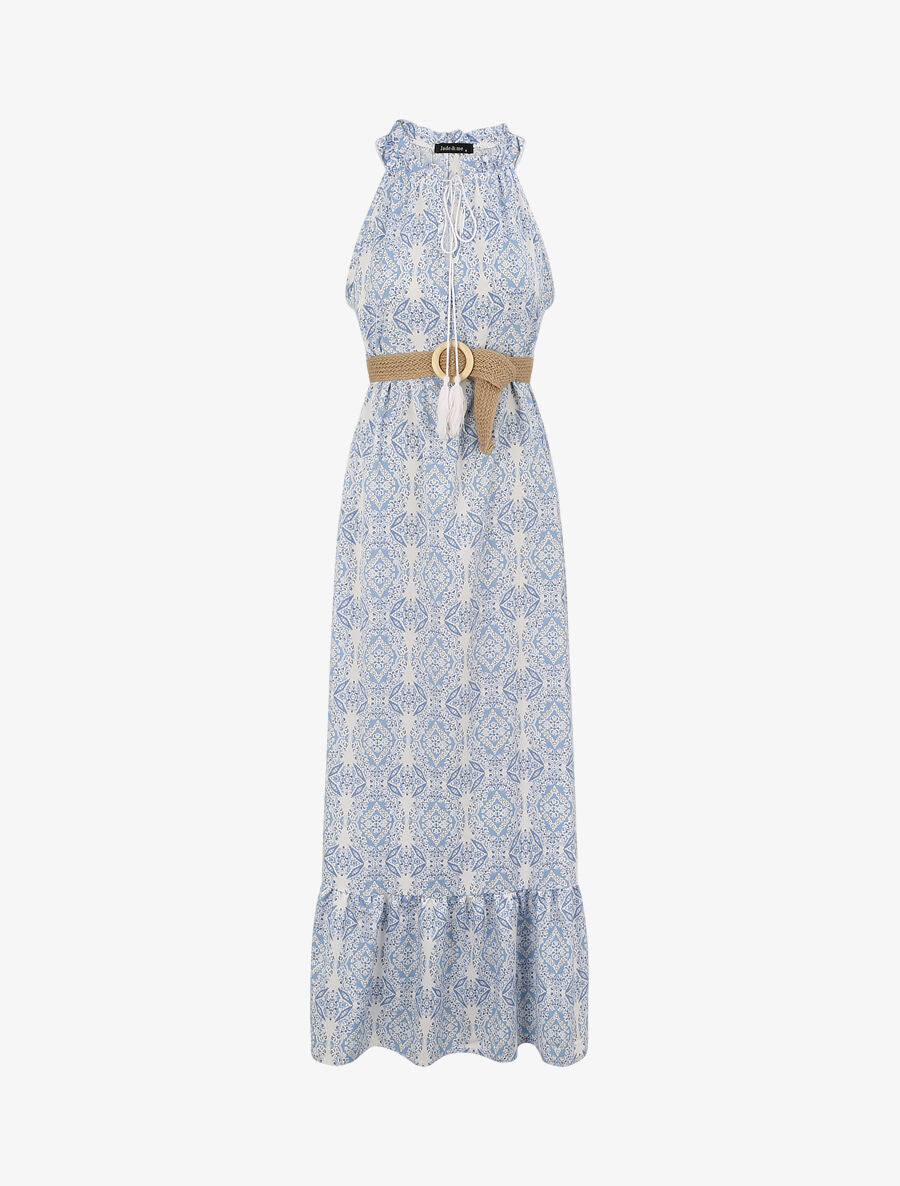 Robe longue évasée imprimé faïence fleurie - Bleu - 4