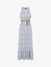 Robe longue évasée imprimé faïence fleurie - Bleu - 4