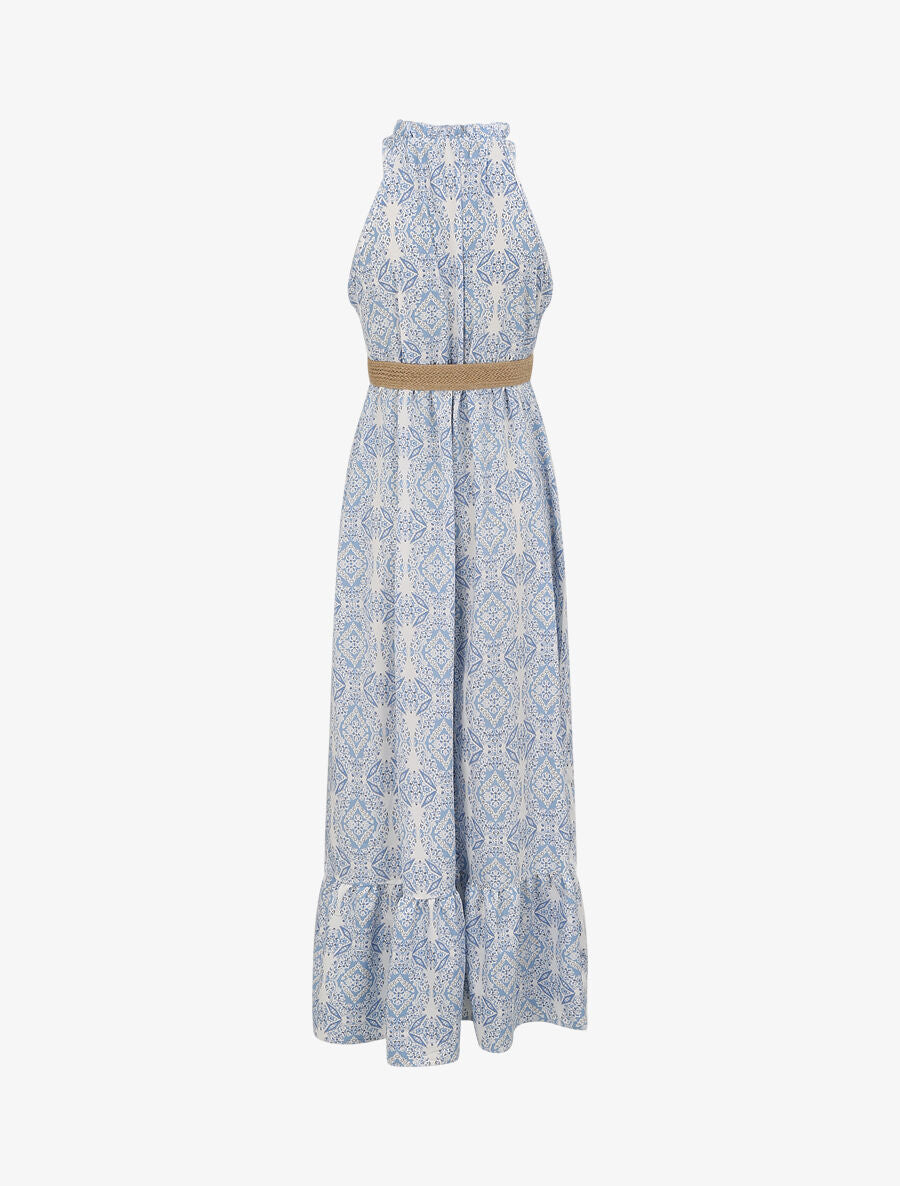 Robe longue évasée imprimé faïence fleurie - Bleu - 2