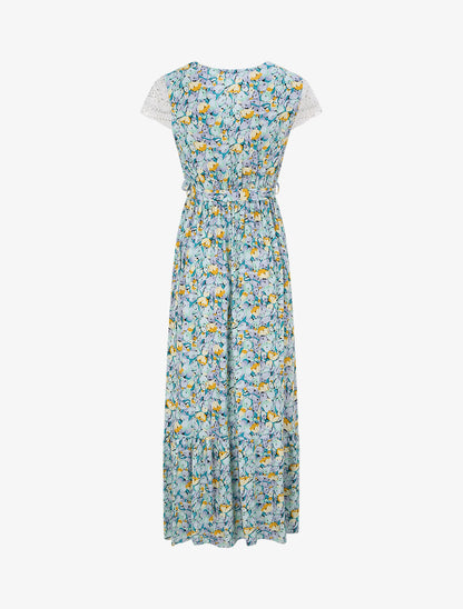 Robe longue empire imprimé tulipe et mancherons crochet - Vert - 2
