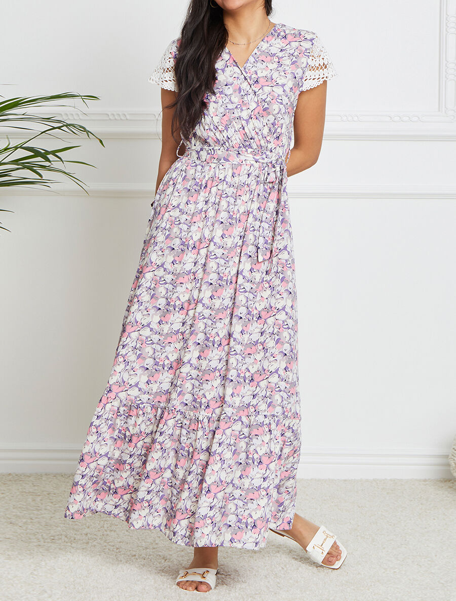Robe longue empire imprimé tulipe et mancherons crochet - Rose - 4