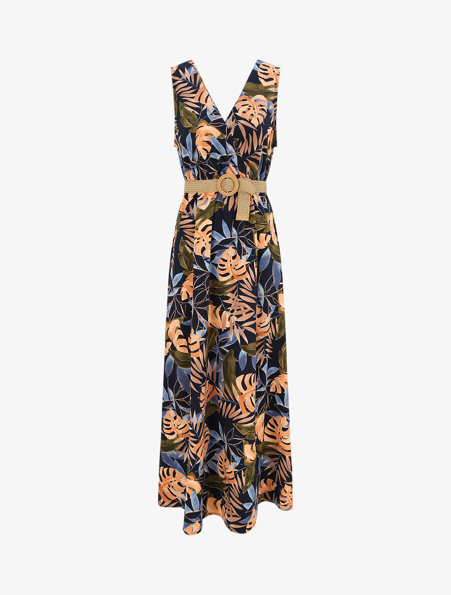 Robe longue empire sans manches imprimé tropical - Marine - 1