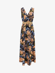 Robe longue empire sans manches imprimé tropical - Marine - 1