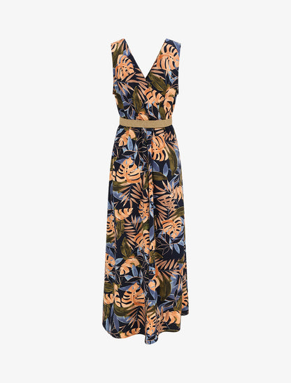Robe longue empire sans manches imprimé tropical - Marine - 2