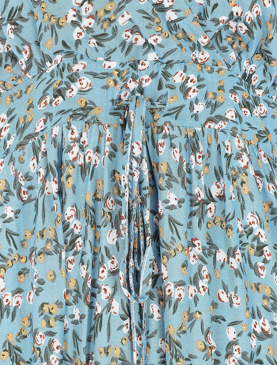 Robe longue cintrée imprimée petites fleurs printanières - Turquoise - 3