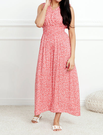 Robe longue cintrée imprimé petites fleurs - Rouge - 4