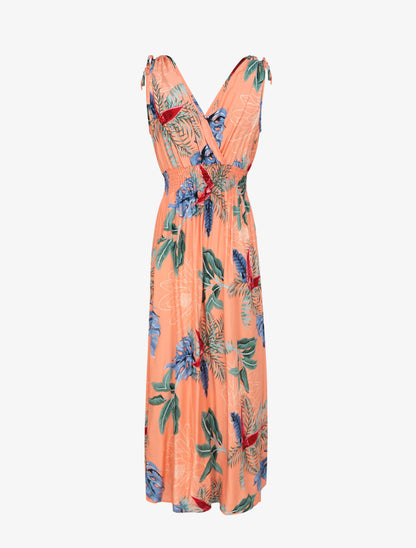 Robe longue cintrée imprimé grandes fleurs tropicales - Rose saumon - 3