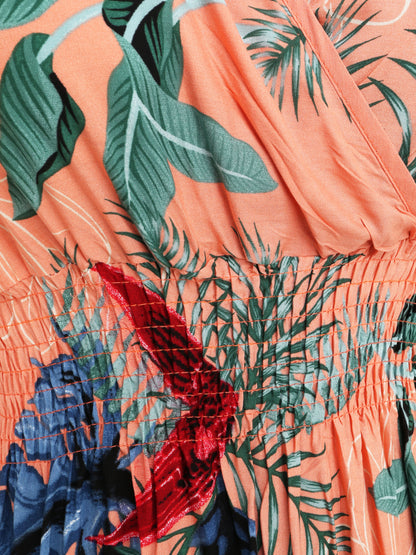 Robe longue cintrée imprimé grandes fleurs tropicales - Rose saumon - 4